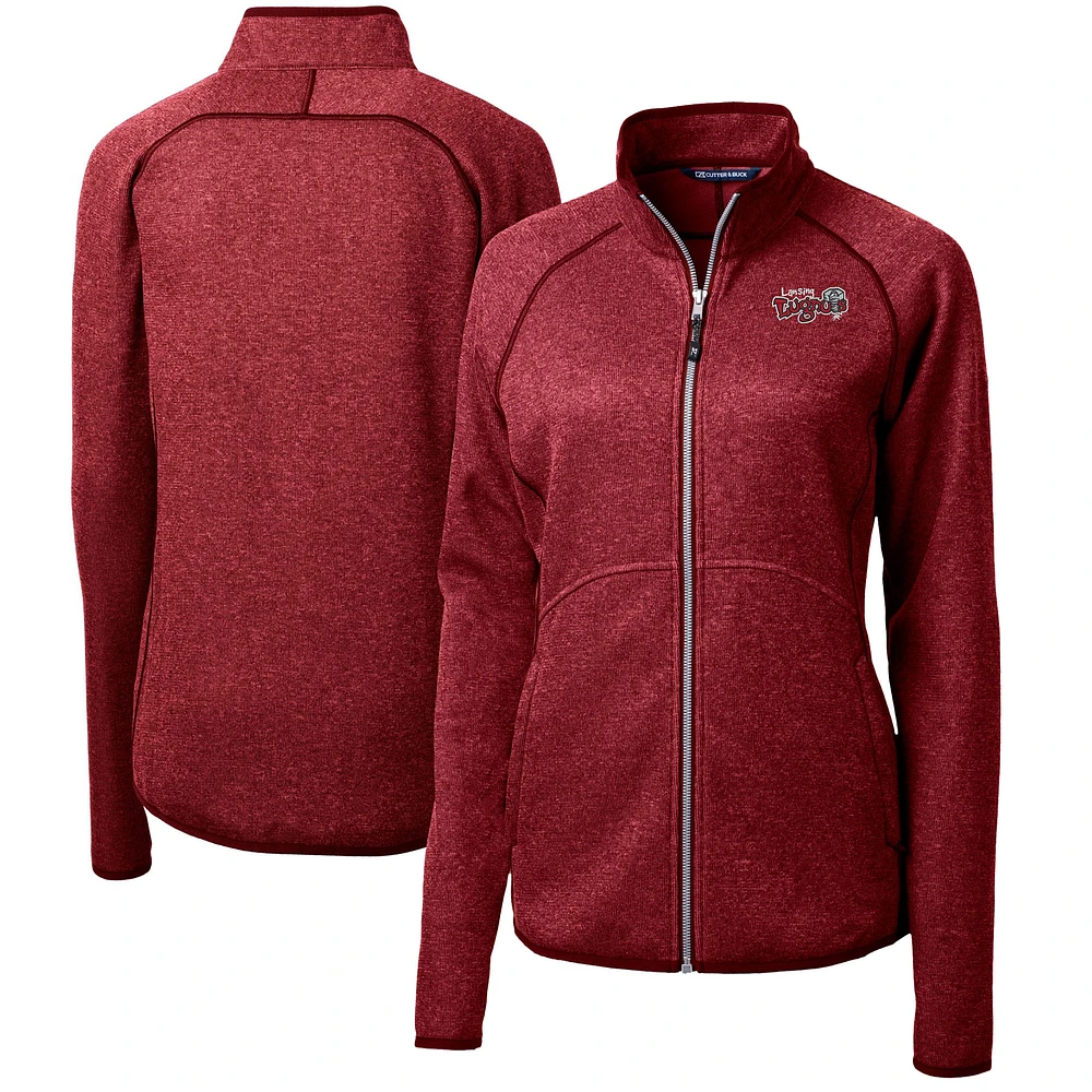 Women's Cutter & Buck Heather Red Lansing Lugnuts Mainsail Sweater-Knit Full-Zip Jacket