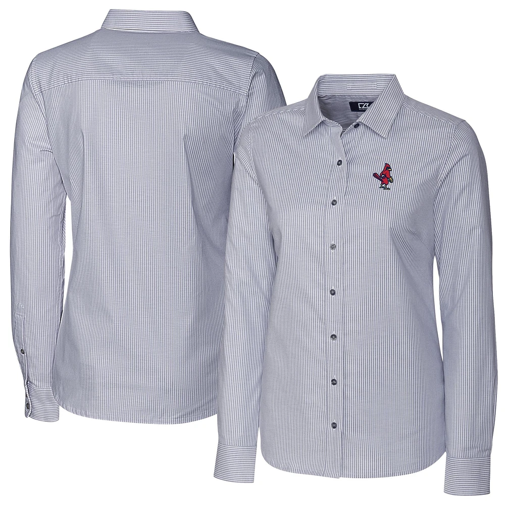 Women's Cutter & Buck Charcoal Memphis Redbirds Stretch Oxford Stripe Long Sleeve Button-Up Dress Shirt