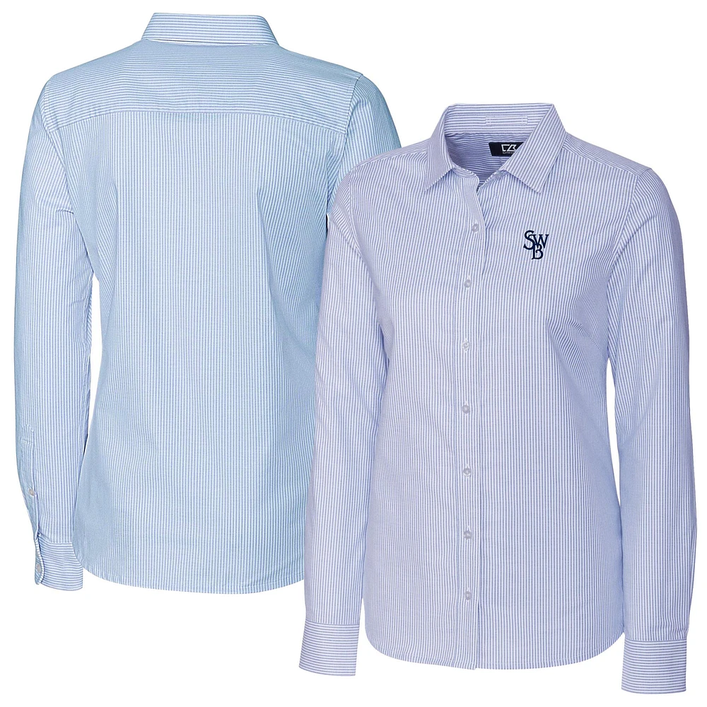 Women's Cutter & Buck Light Blue Scranton Wilkes-Barre RailRiders Stretch Oxford Stripe Long Sleeve Button-Up Dress Shirt