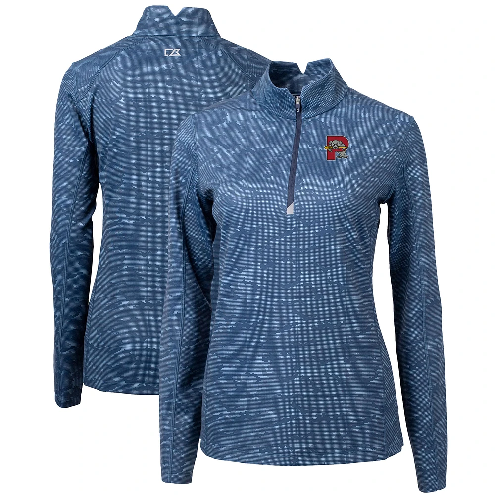 Women's Cutter & Buck Navy Portland Sea Dogs Traverse Camo Stretch Quarter-Zip Pullover Top