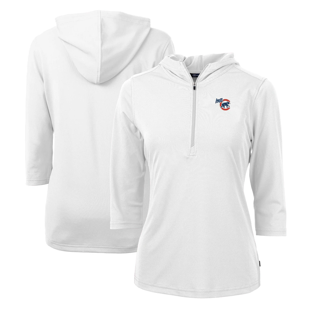 Women's Cutter & Buck White Iowa Cubs Virtue Eco Pique Recycled 3/4-Sleeve Half-Zip Pullover Hoodie