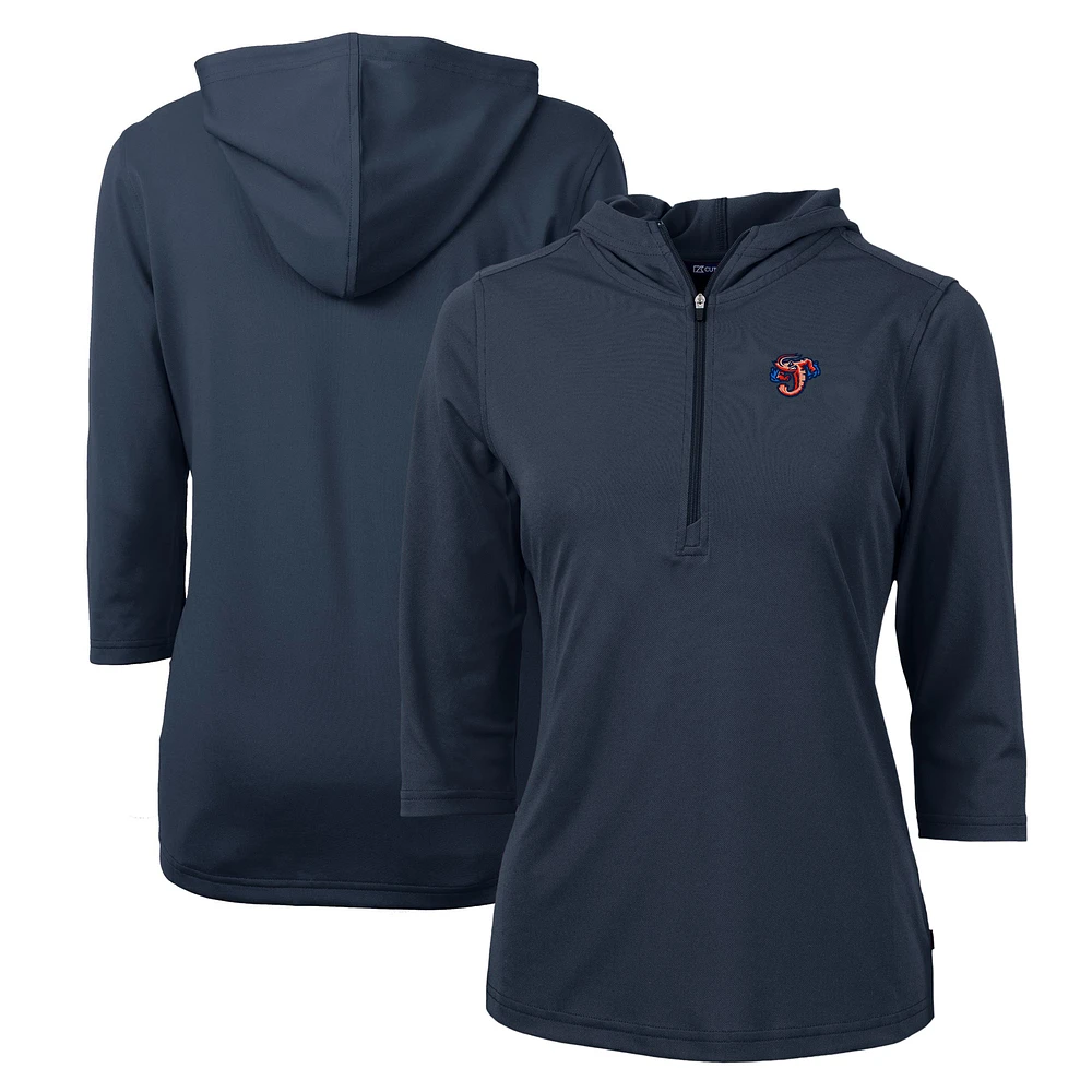 Women's Cutter & Buck Navy Jacksonville Jumbo Shrimp Virtue Eco Pique Recycled 3/4-Sleeve Half-Zip Pullover Hoodie