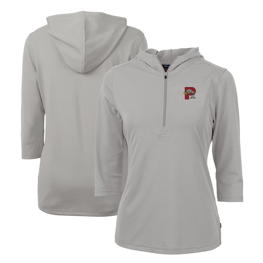 Women's Cutter & Buck Gray Portland Sea Dogs Virtue Eco Pique Recycled 3/4-Sleeve Half-Zip Pullover Hoodie