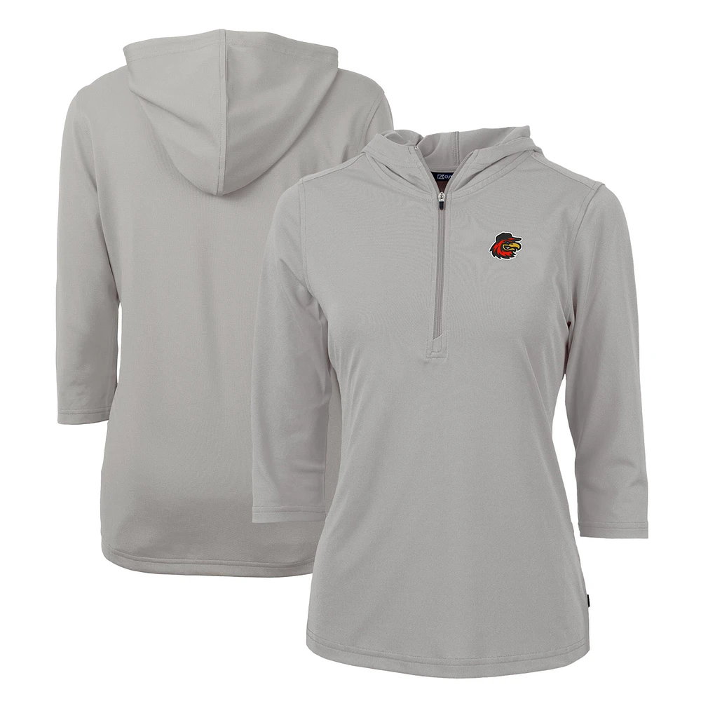 Women's Cutter & Buck Gray Rochester Red Wings Virtue Eco Pique Recycled 3/4-Sleeve Half-Zip Pullover Hoodie
