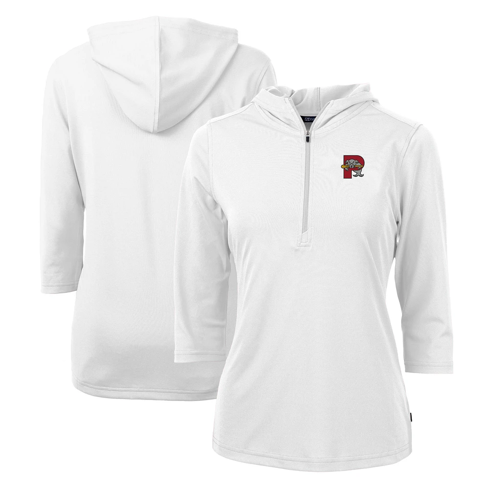 Women's Cutter & Buck White Portland Sea Dogs Virtue Eco Pique Recycled 3/4-Sleeve Half-Zip Pullover Hoodie