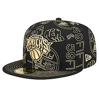 Men's New Era Black York Knicks 59FIFTY Day Allover Print Stencil Fitted Hat