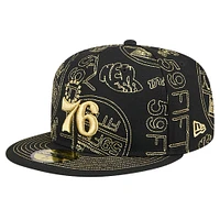 Men's New Era Black Philadelphia 76ers 59FIFTY Day Allover Print Stencil Fitted Hat