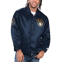 Men's Starter Navy Milwaukee Brewers Option Route Satin Full-Snap Jacket