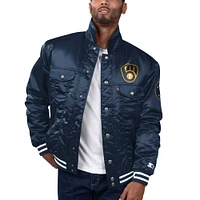 Men's Starter x Levi's Navy Milwaukee Brewers Silver Tab Satin Full-Snap Trucker Jacket