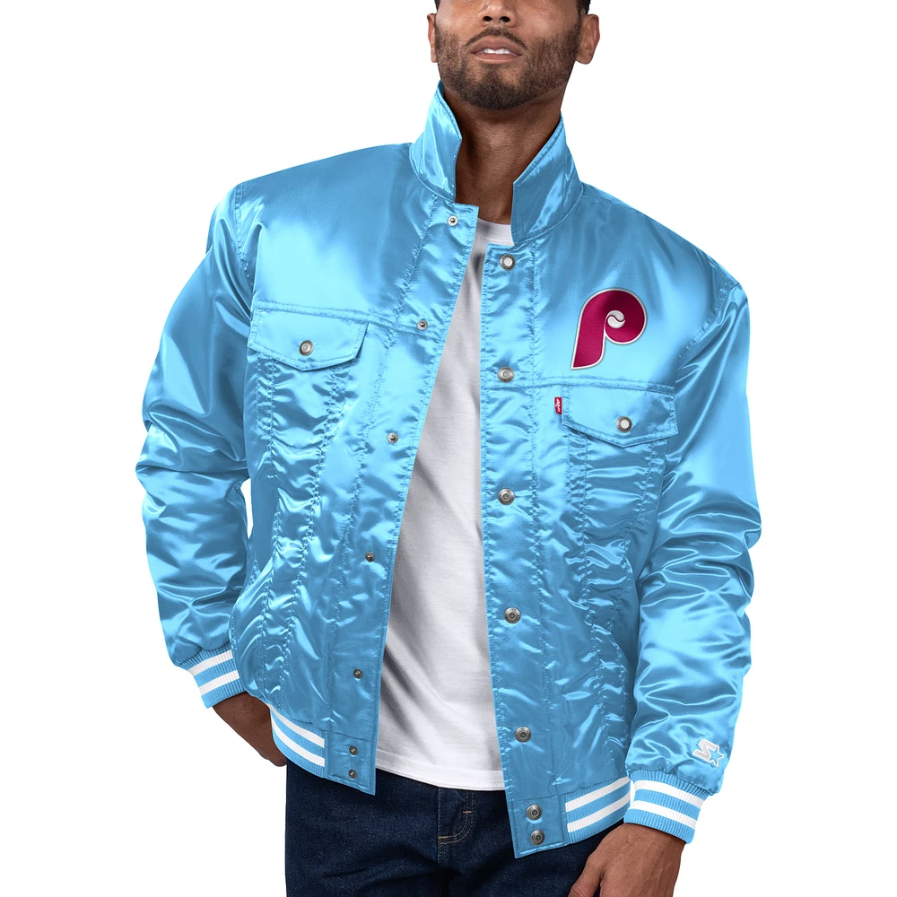 Men's Starter x Levi's Light Blue Philadelphia Phillies Silver Tab Satin Full-Snap Trucker Jacket