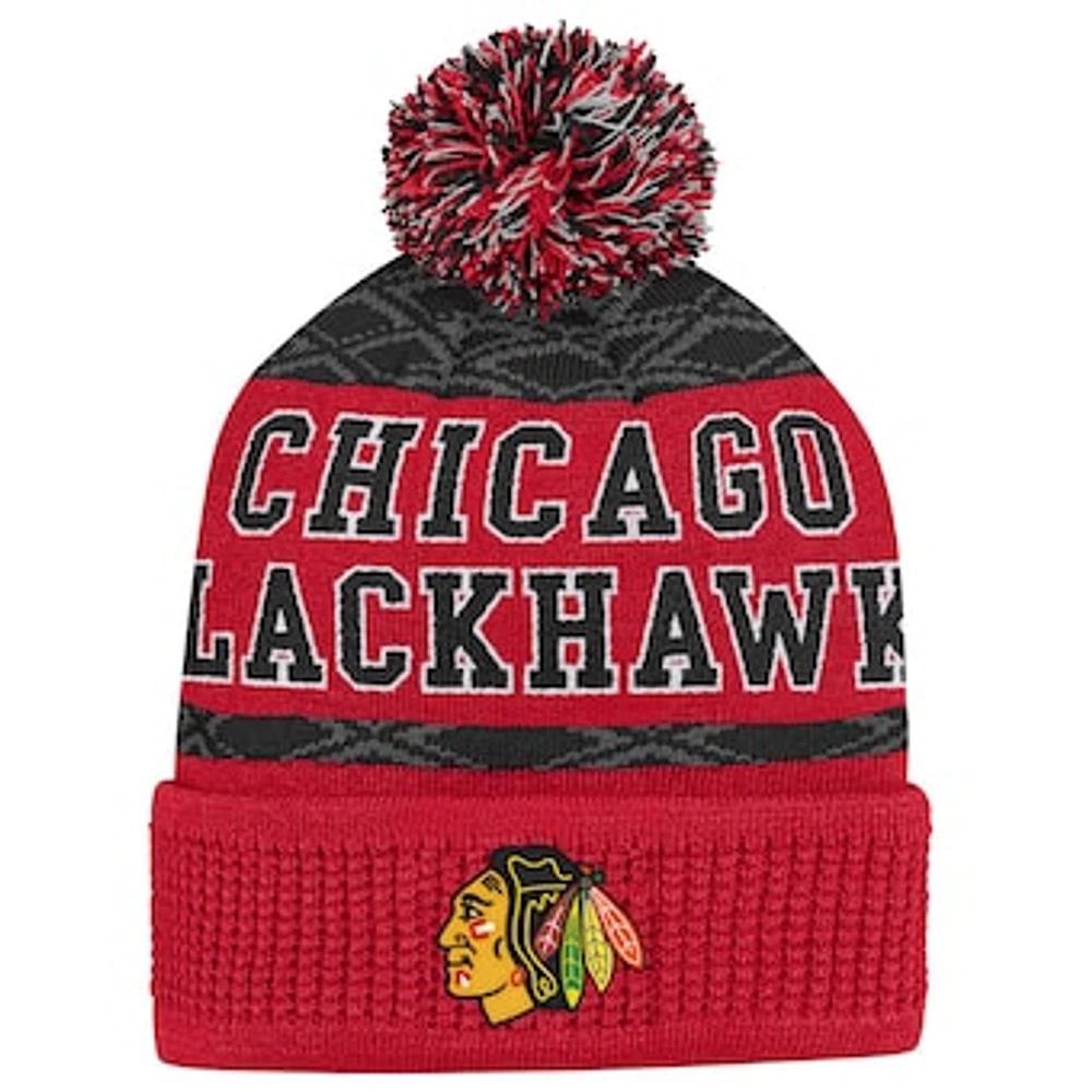 Youth Chicago Blackhawks Red Puck Pattern Cuffed Knit Hat with Pom