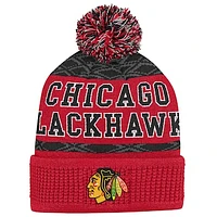 Youth Chicago Blackhawks Red Puck Pattern Cuffed Knit Hat with Pom