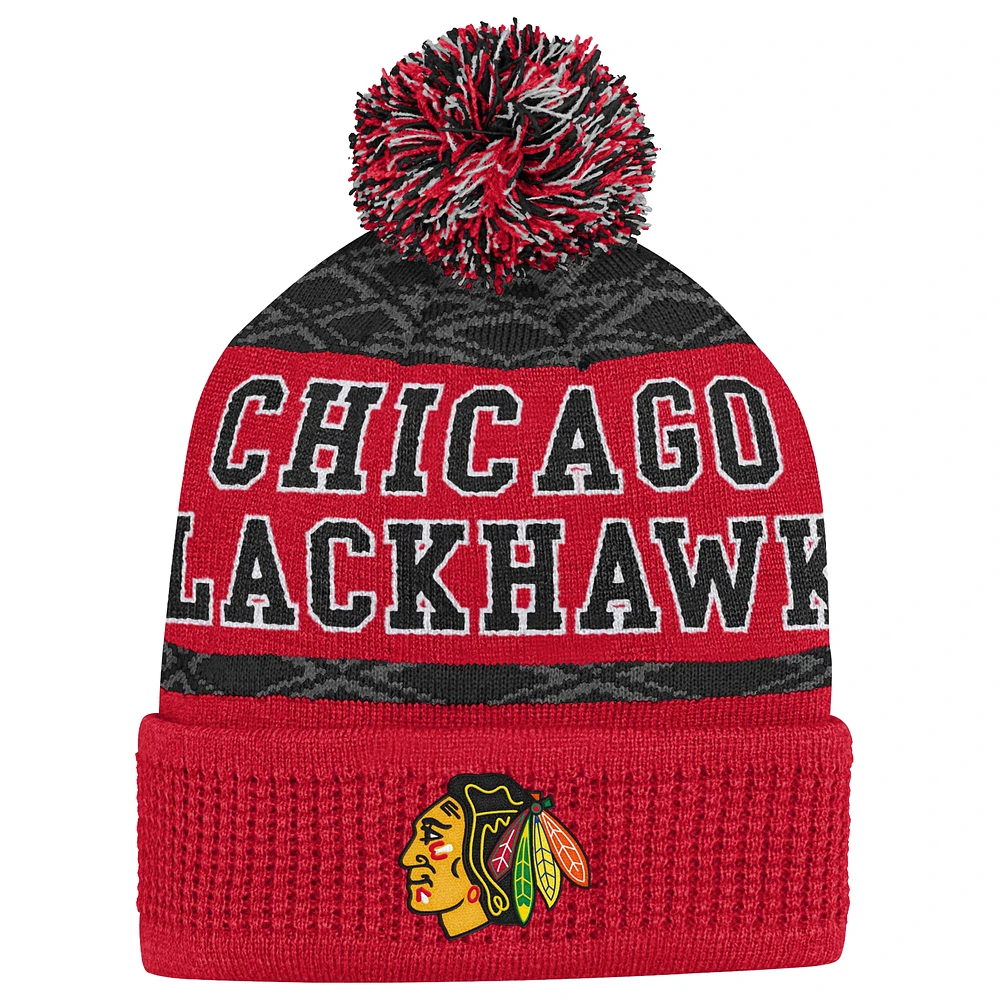 Youth Chicago Blackhawks Red Puck Pattern Cuffed Knit Hat with Pom