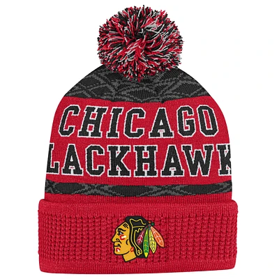 Youth Chicago Blackhawks Red Puck Pattern Cuffed Knit Hat with Pom