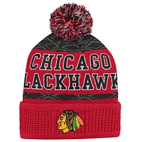 Youth Chicago Blackhawks Red Puck Pattern Cuffed Knit Hat with Pom