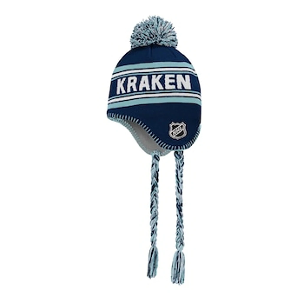 Youth Seattle Kraken Deep Sea Blue Jacquard Tassel Knit Hat with Pom