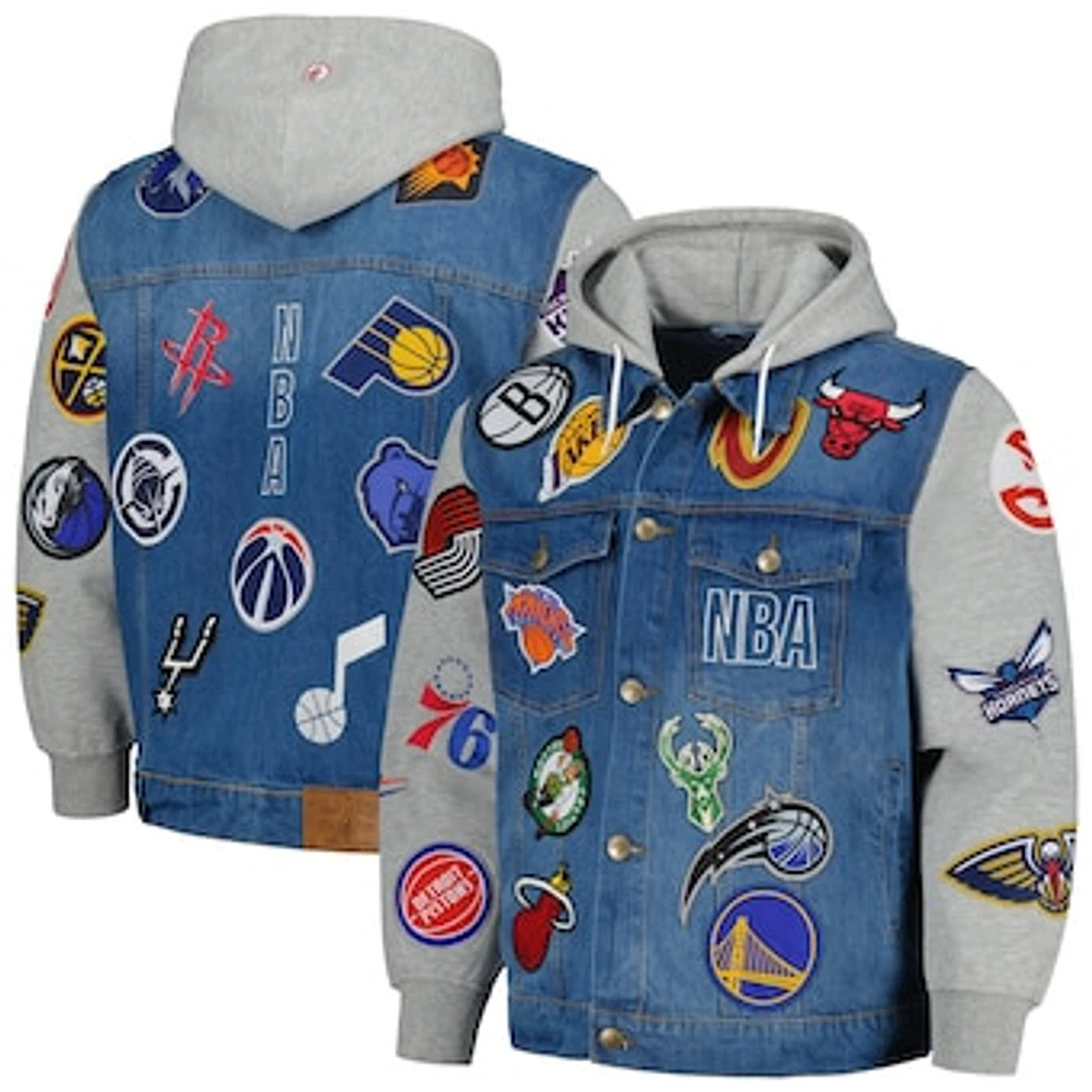 Men's FISLL Blue/Gray NBA All Teams Full-Button Hoodie Denim Jacket