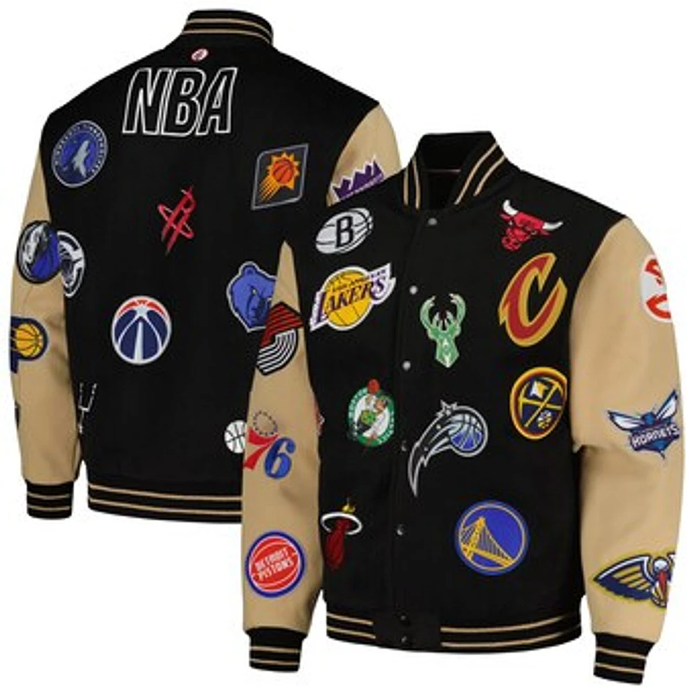 Men's FISLL Black/Khaki NBA All Logo Aviator Wool Varsity Jacket