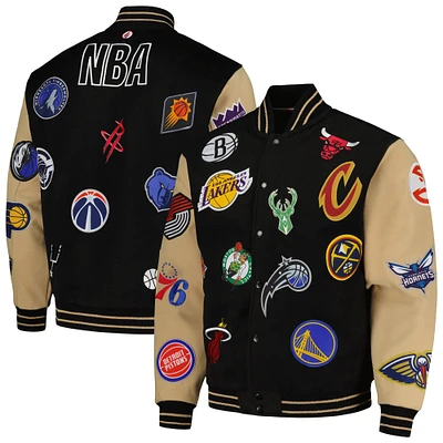 Men's FISLL Black/Khaki NBA All Logo Aviator Wool Varsity Jacket