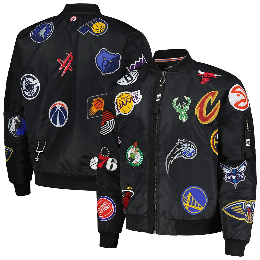 Men's FISLL Black NBA All Logo Aviator Flight Bomber Jacket