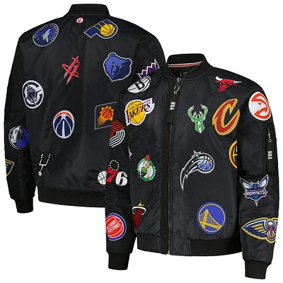 Men's FISLL Black NBA All Logo Aviator Flight Bomber Jacket