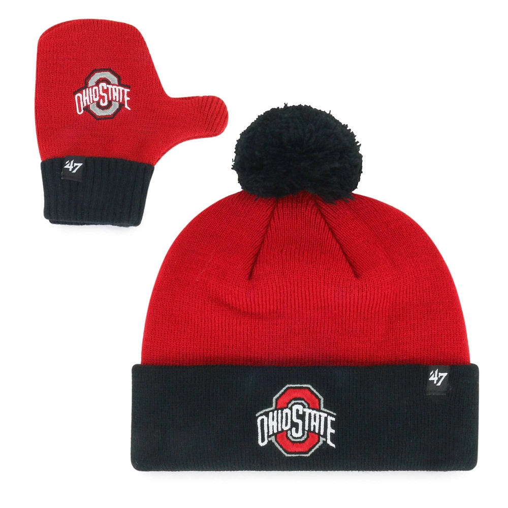 Toddler '47 Ohio State Buckeyes Two-Piece Bam Bam Cuffed Knit Hat with Pom & Mitten Set