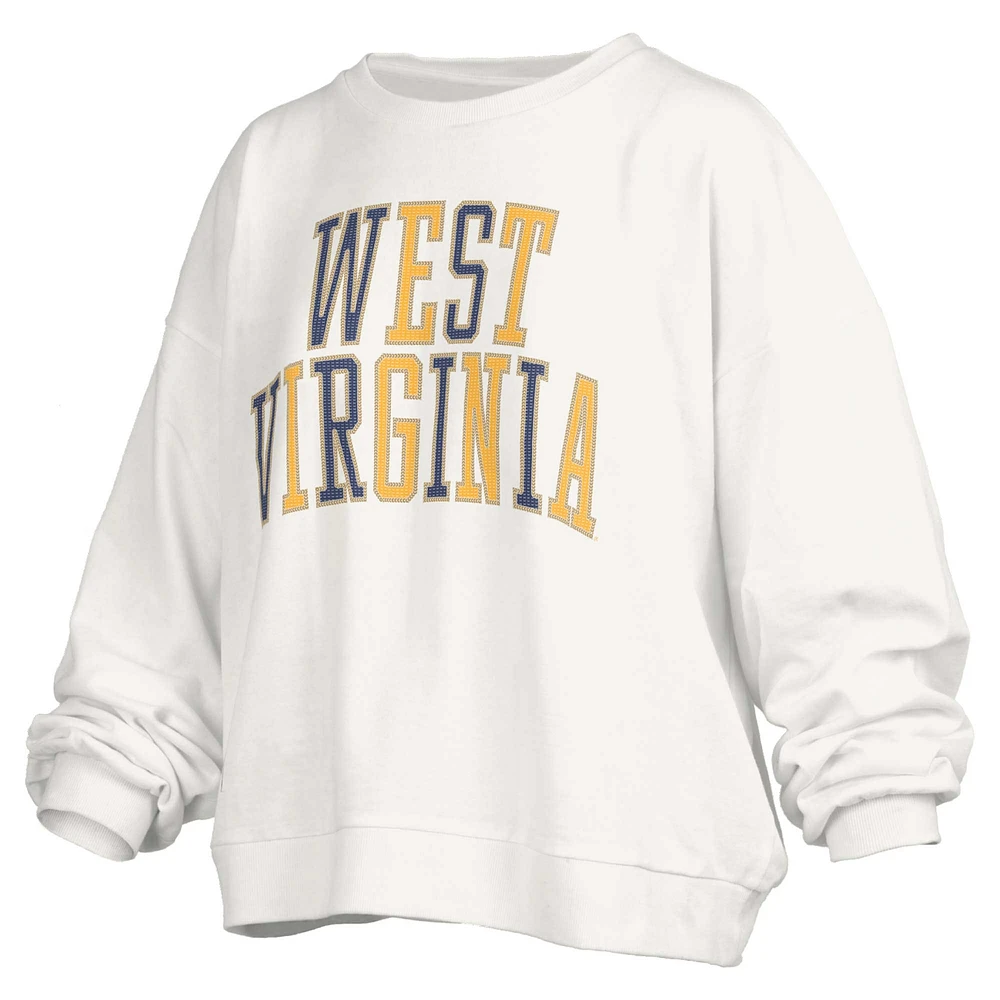 Women's Pressbox White West Virginia Mountaineers Janise Sequin Waist Length Oversized Pullover Sweatshirt