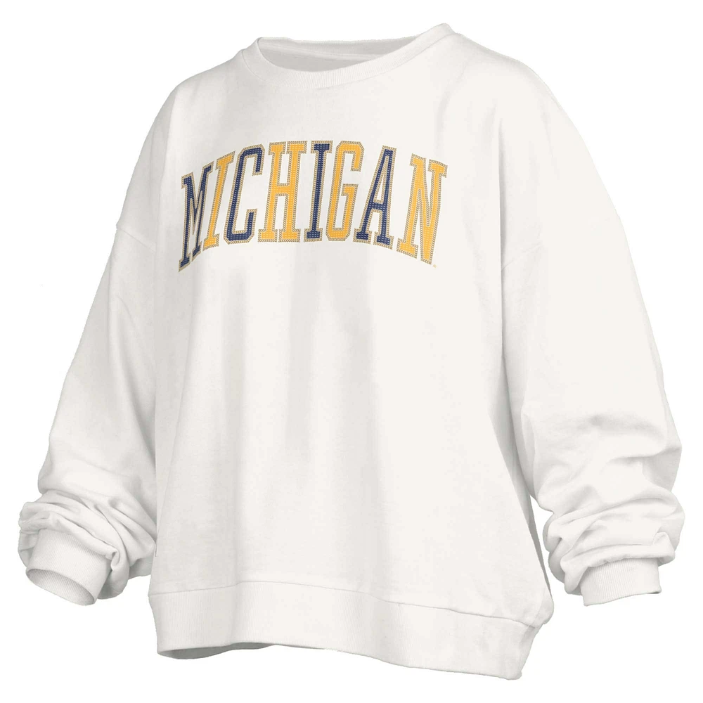 Women's Pressbox White Michigan Wolverines Janise Sequin Waist Length Oversized Pullover Sweatshirt