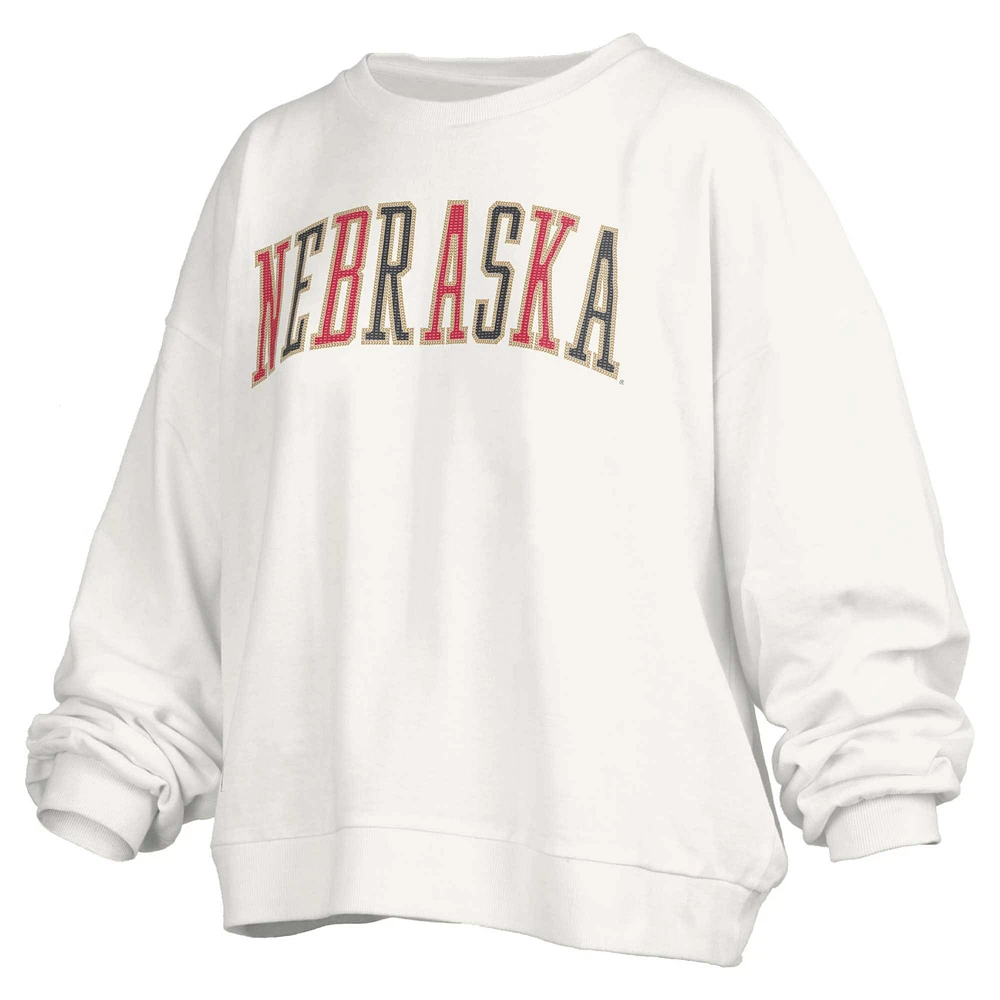 Women's Pressbox White Nebraska Huskers Janise Sequin Waist Length Oversized Pullover Sweatshirt