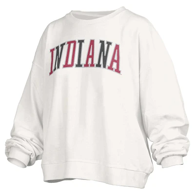 Women's Pressbox White Indiana Hoosiers Janise Sequin Waist Length Oversized Pullover Sweatshirt