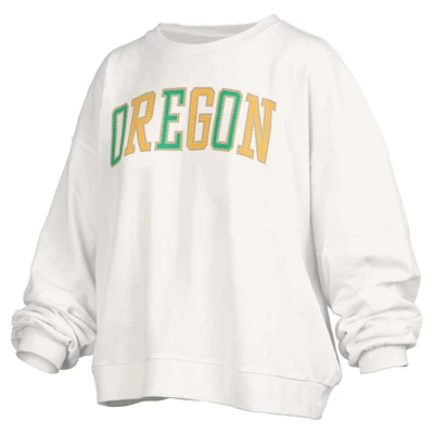 Women's Pressbox White Oregon Ducks Janise Sequin Waist Length Oversized Pullover Sweatshirt