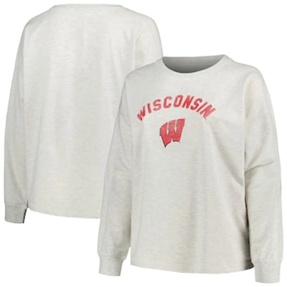 Women's Profile Oatmeal Wisconsin Badgers Plus Distressed Arch Over Logo Neutral Boxy Pullover Sweatshirt