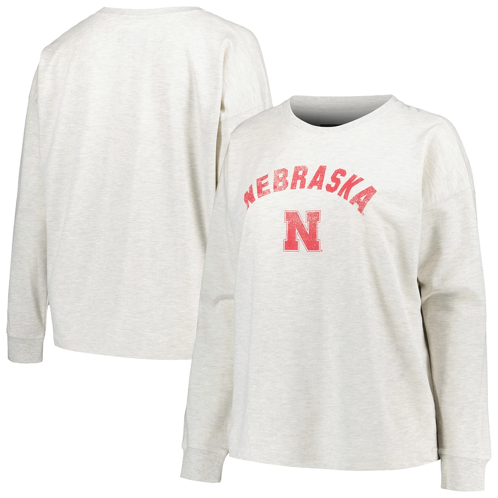 Women's Profile Oatmeal Nebraska Huskers Plus Distressed Arch Over Logo Neutral Boxy Pullover Sweatshirt