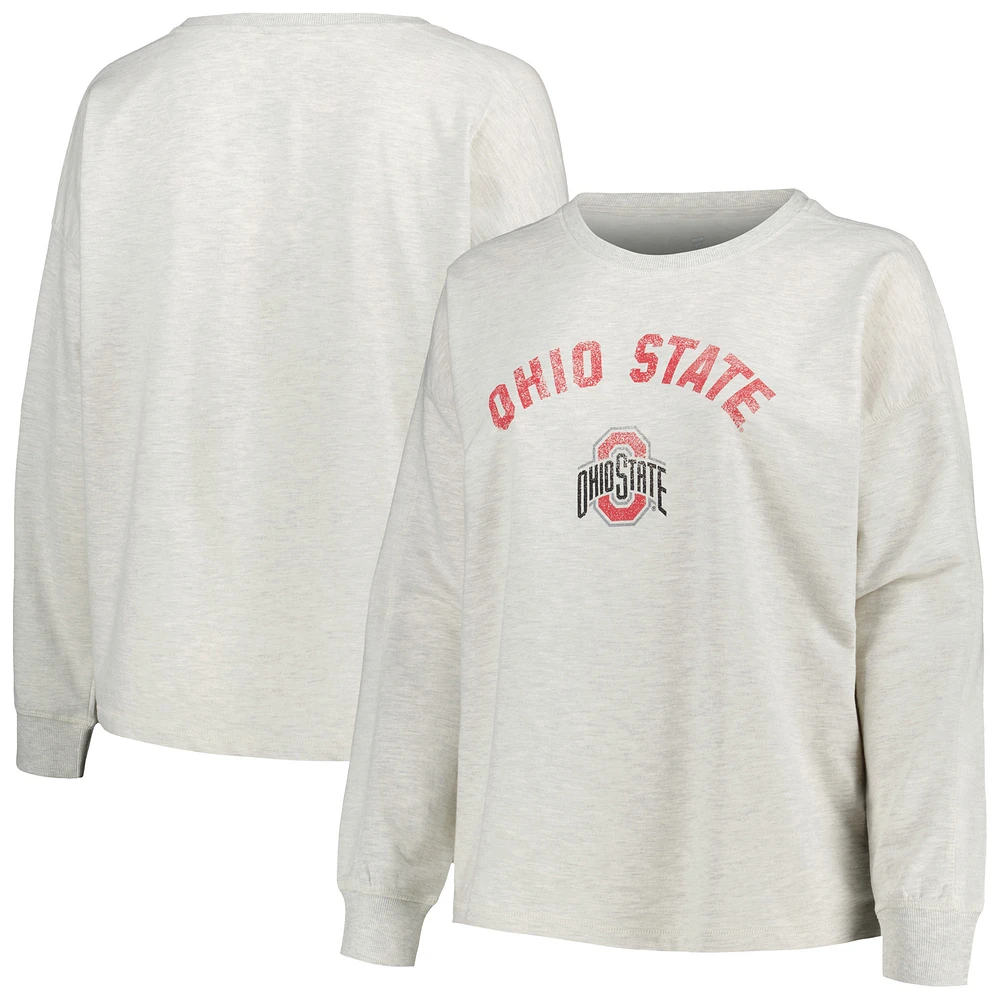 Women's Profile Oatmeal Ohio State Buckeyes Plus Distressed Arch Over Logo Neutral Boxy Pullover Sweatshirt