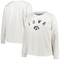 Women's Profile Oatmeal Iowa Hawkeyes Plus Distressed Arch Over Logo Neutral Boxy Pullover Sweatshirt