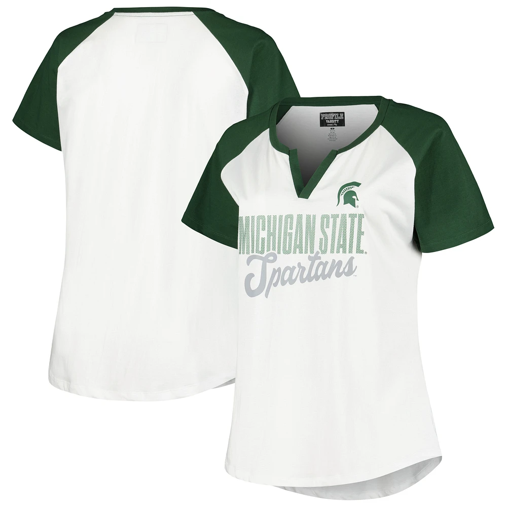 Women's Profile White/Green Michigan State Spartans Plus Best Squad Shimmer Raglan Notch Neck T-Shirt