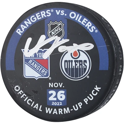 Adam Fox New York Rangers Autographed Practice-Used Puck Used During Warmups vs. Edmonton Oilers on November 26, 2022