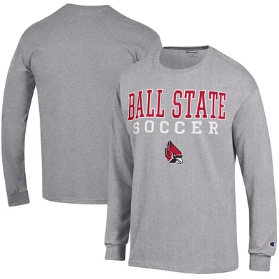 Men's Champion Heather Gray Ball State Cardinals Soccer Stacked Logo Long Sleeve T-Shirt