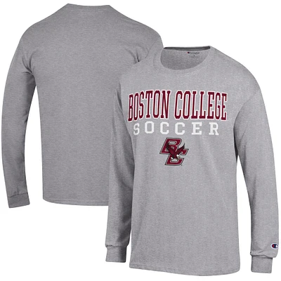 Men's Champion Heather Gray Boston College Eagles Soccer Stacked Logo Long Sleeve T-Shirt