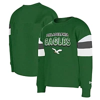 Girls Youth New Era Kelly Green Philadelphia Eagles Throwback Color Blocked Glitter Pullover Sweatshirt