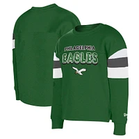 Girls Youth New Era Kelly Green Philadelphia Eagles Throwback Color Blocked Glitter Pullover Sweatshirt