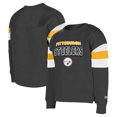 Girls Youth New Era Black Pittsburgh Steelers Color Blocked Glitter Pullover Sweatshirt