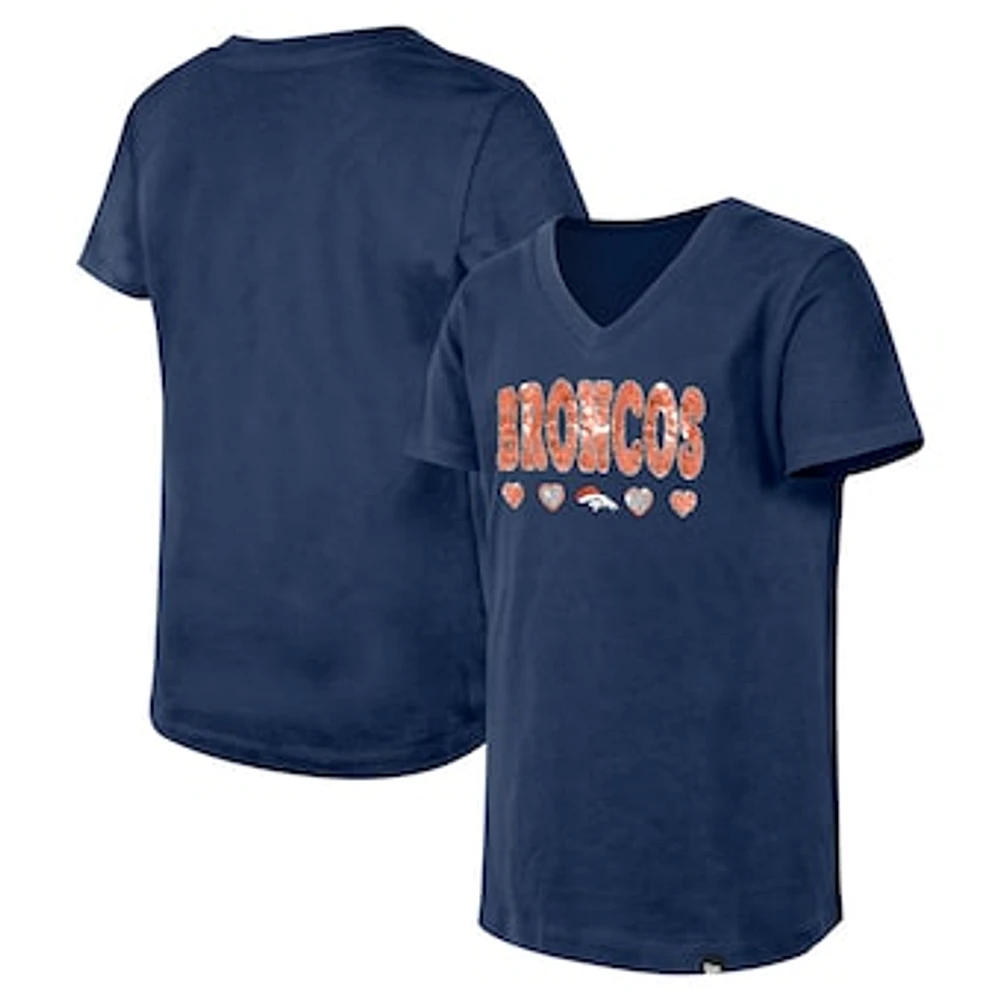 Girls Youth New Era Navy Denver Broncos Flip Sequin V-Neck T-Shirt