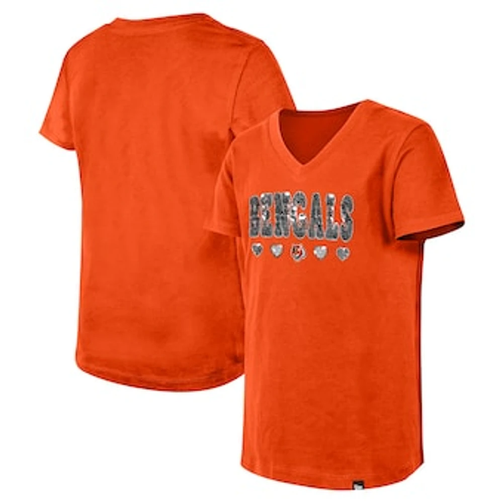 Girls Youth New Era Orange Cincinnati Bengals Flip Sequin V-Neck T-Shirt