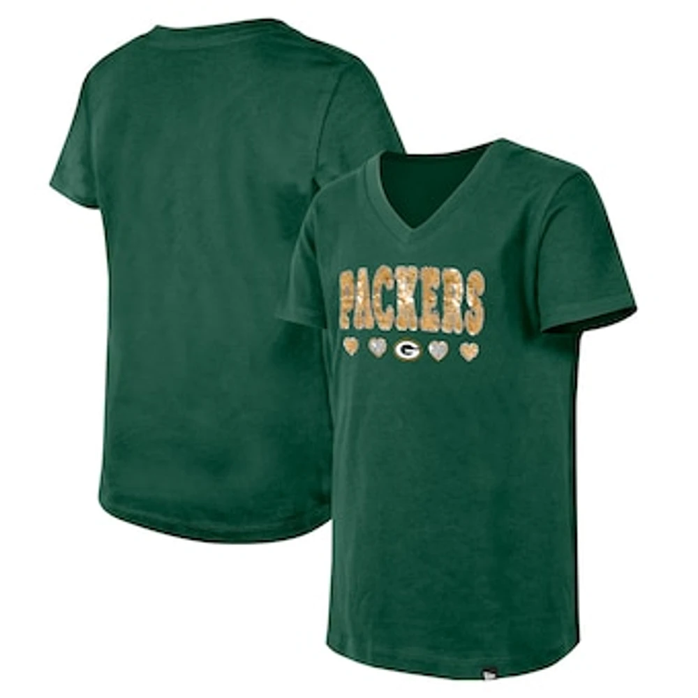 Girls Youth New Era Green Bay Packers Flip Sequin V-Neck T-Shirt