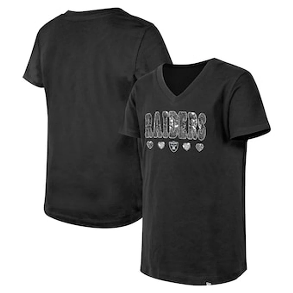 Girls Youth New Era Black Las Vegas Raiders Flip Sequin V-Neck T-Shirt