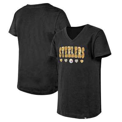 Girls Youth New Era Black Pittsburgh Steelers Flip Sequin V-Neck T-Shirt