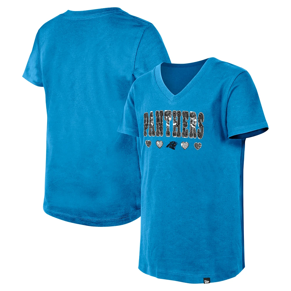 Girls Youth New Era Blue Carolina Panthers Flip Sequin V-Neck T-Shirt