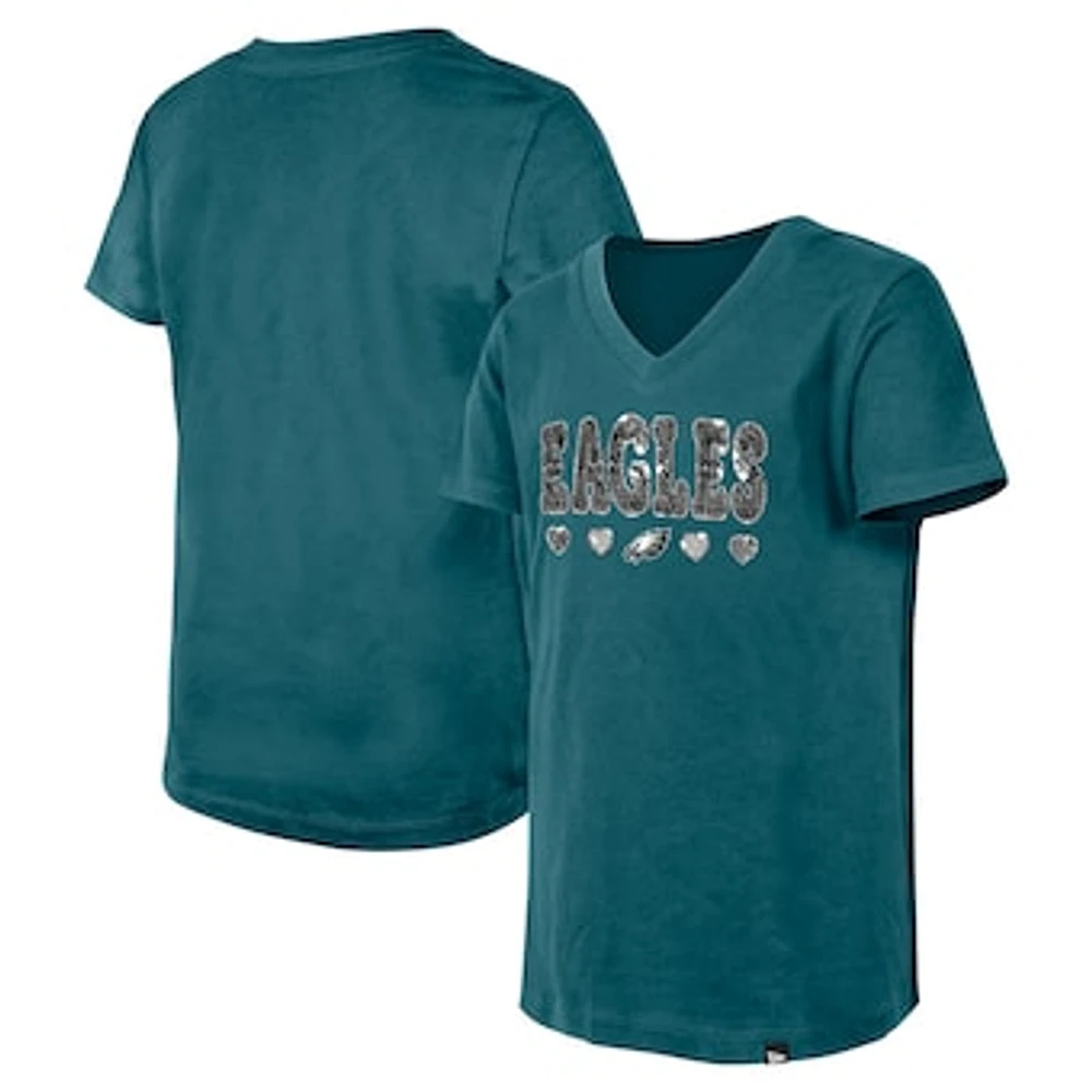 Girls Youth New Era Midnight Green Philadelphia Eagles Flip Sequin V-Neck T-Shirt