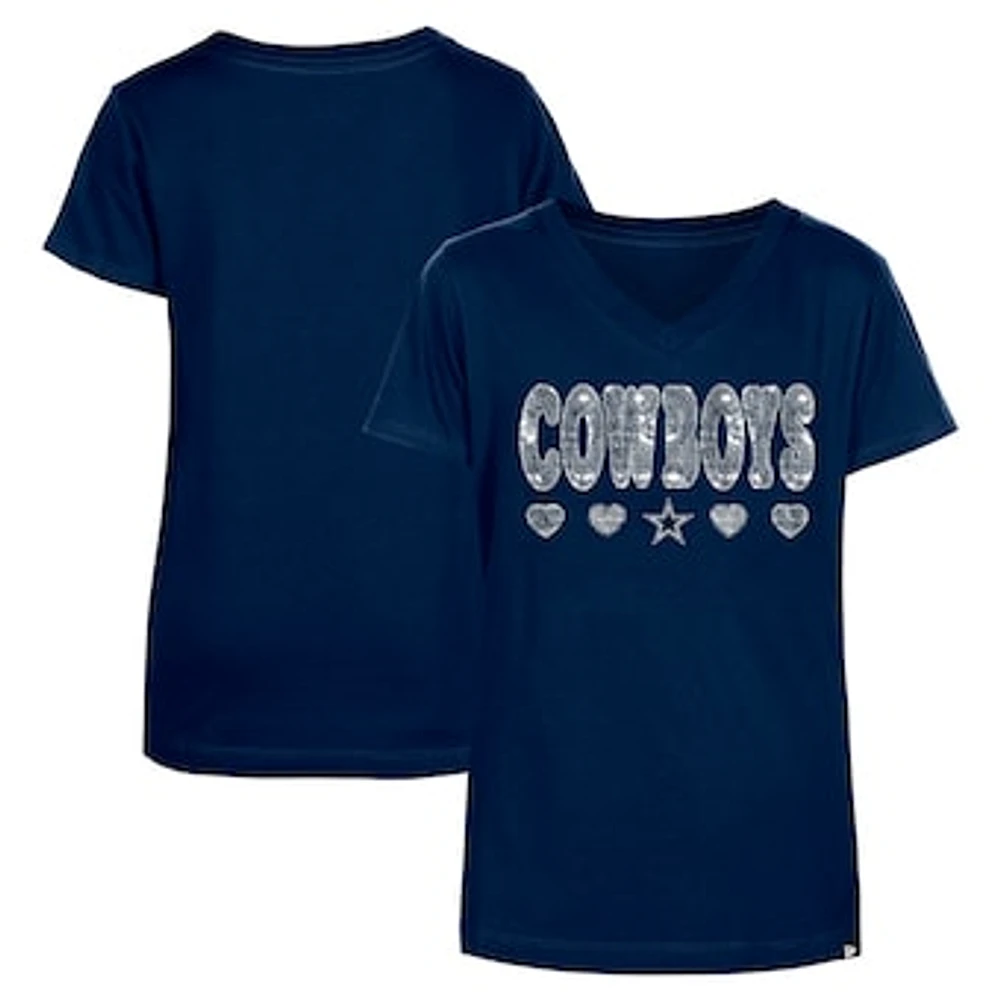 Girls Youth New Era Navy Dallas Cowboys Flip Sequin V-Neck T-Shirt